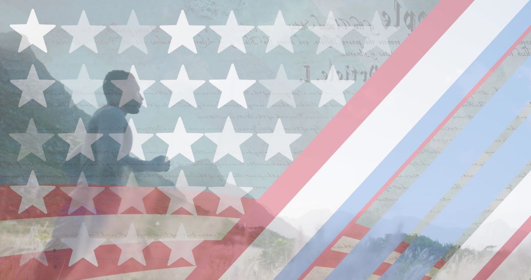 PATRIOTIC SCENE WITH RUNNERS AND NATIONAL SYMBOLS OVERLAY