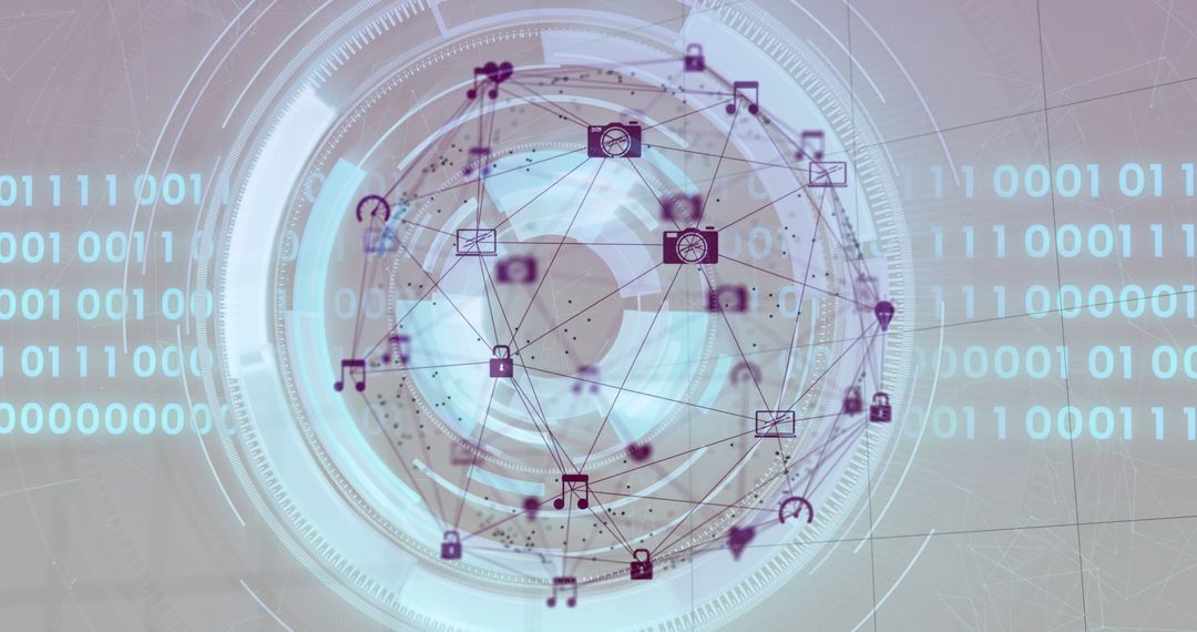 3D Network Sphere with Digital Icons on Futuristic Interface