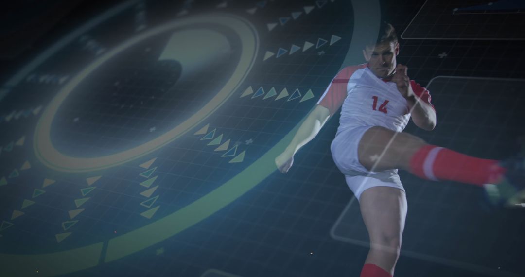 Futuristic Soccer Player Kicking Ball with Digital HUD Elements