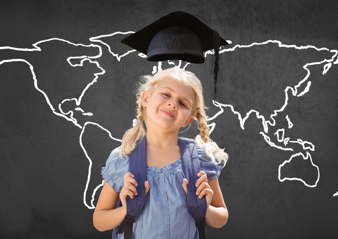 Smiling Schoolgirl with Backpack and Graduation Cap Over World Map - Free Images, Stock Photos and Pictures on Pikwizard.com