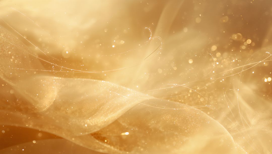 Flowing Golden Silk Ribbons Abstract with Sparkling Bokeh and Ethereal Light Particles