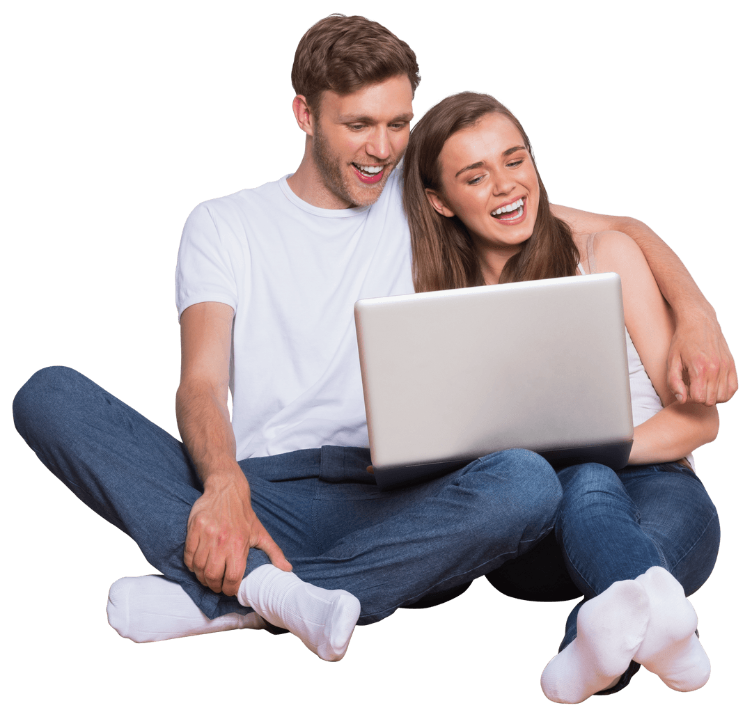 Happy Couple Using Laptop Laughing Together on Transparent Background
