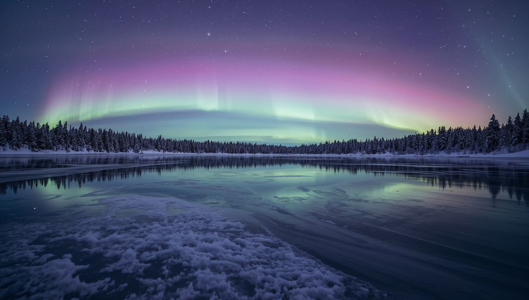 Dancing aurora arching over frozen lake reflecting colorful starry night
