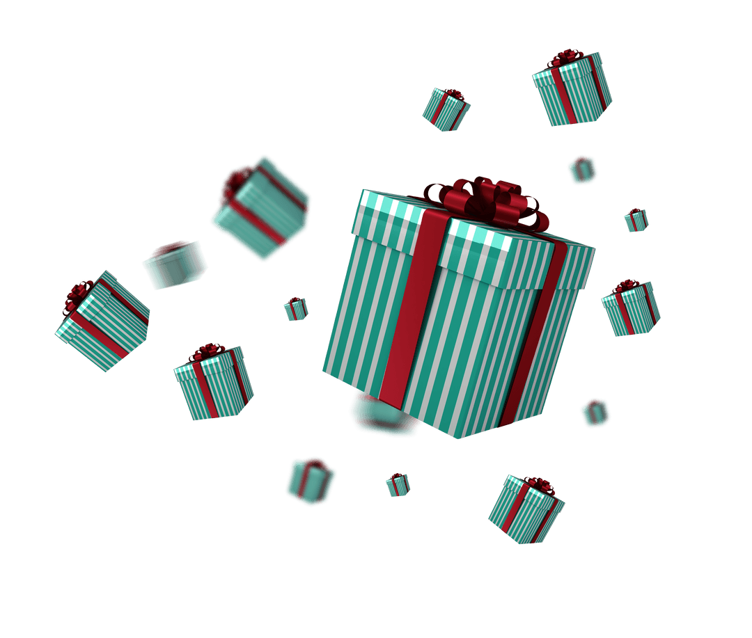 Floating Striped Gift Boxes with Red Ribbons on Transparent Background