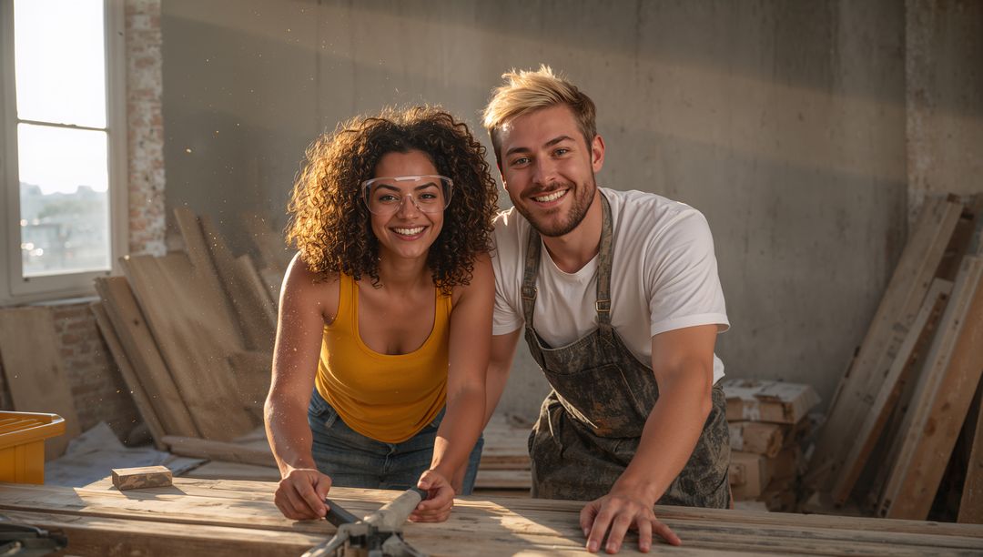Young couple sanding wood together in rustic workshop renovating home