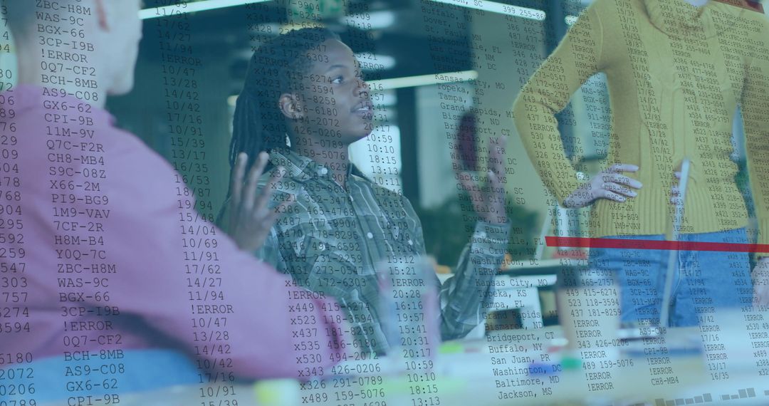 Diverse Team Discussing Business Strategy with Data Overlay