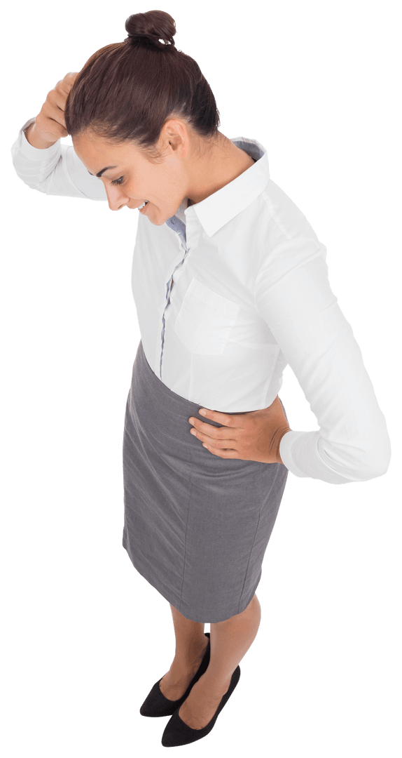 Happy Businesswoman Exploring Virtual Interface on Transparent Background