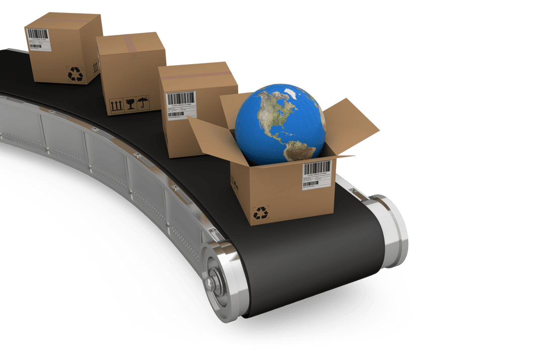 Transparent Cardboard Boxes and Globe on Conveyor Belt