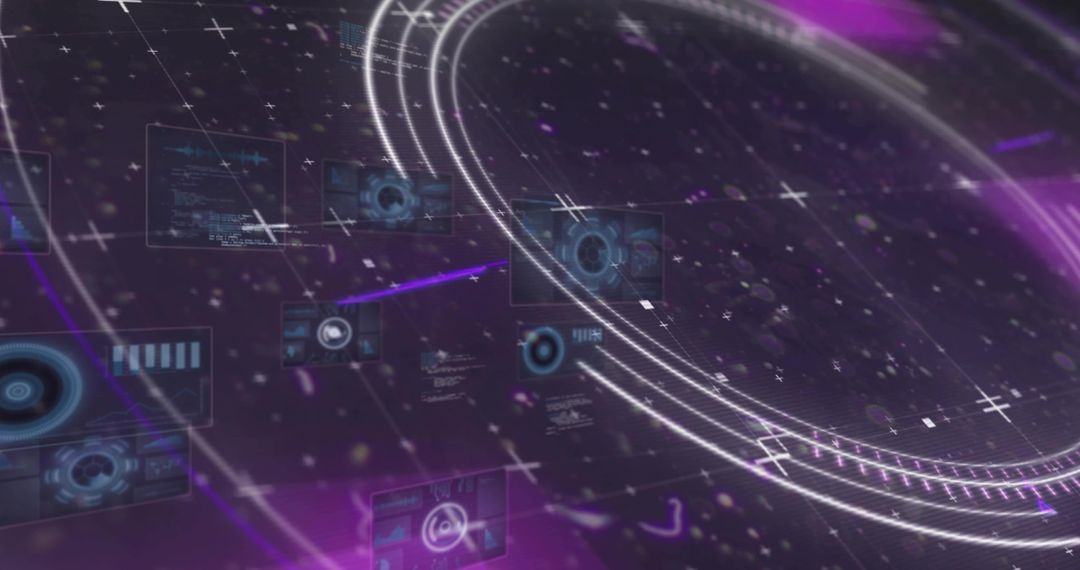 Rotating Concentric HUD Rings with Holographic Panels and Futuristic Data Interface