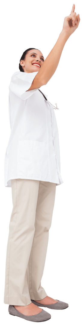 Cheerful Caucasian Female Doctor Pointing on Transparent Background