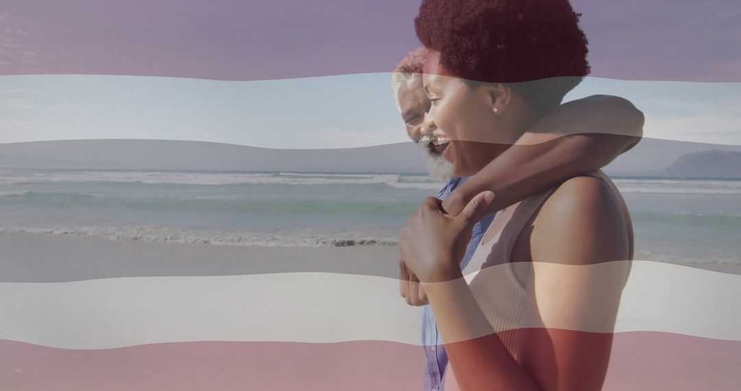 Couple Embracing on Tranquil Beach with Horizon