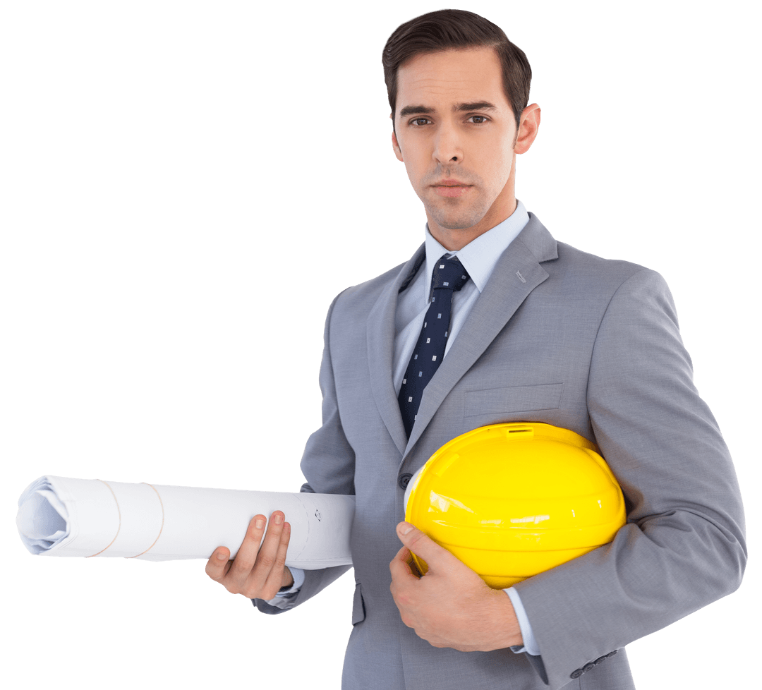 Confident Architect Holding Blueprints and Yellow Helmet