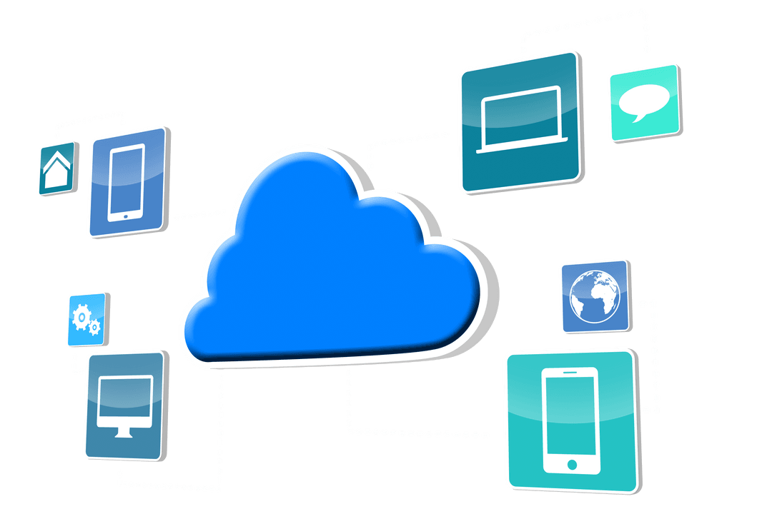 Transparent Networking Icons Connected by Blue Cloud Embodying Digital Communication