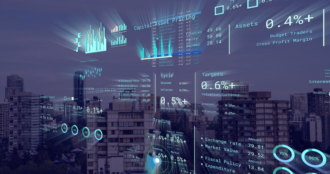 Financial Data Visualization Over Cityscape Illustration