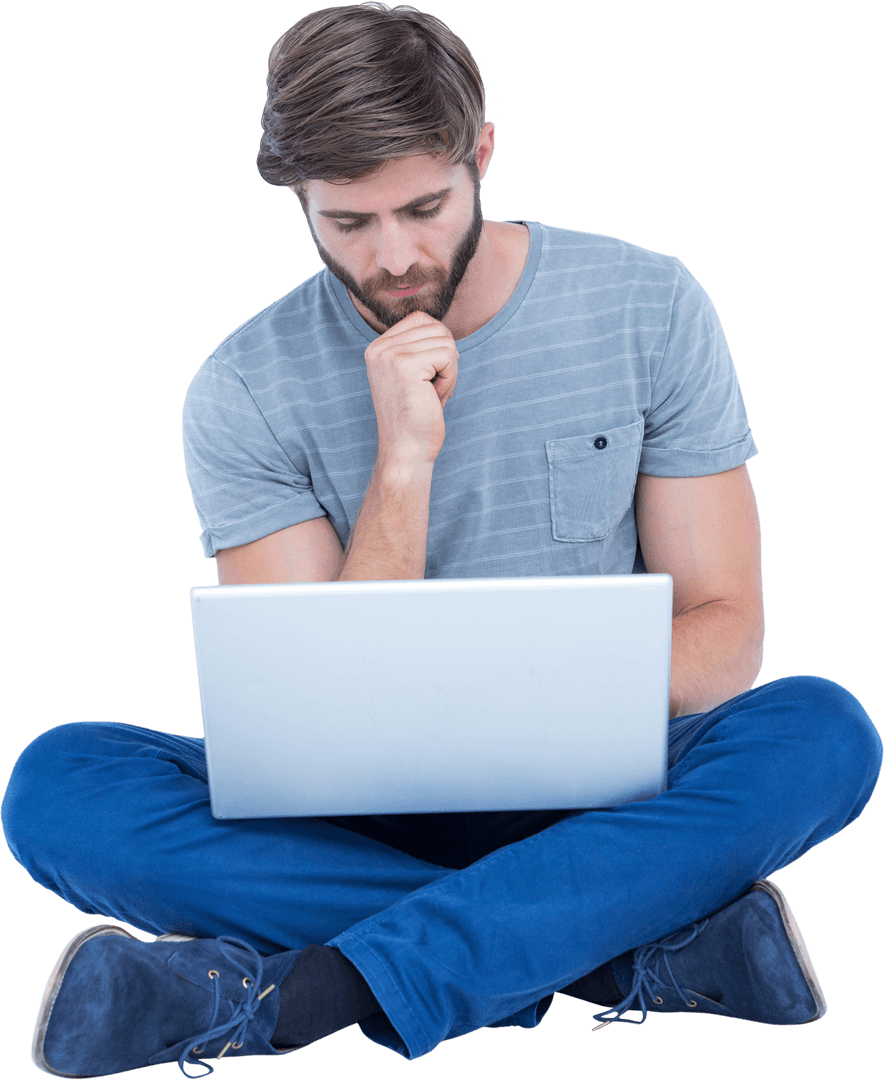 Thoughtful Man in Casual Outfit Using a Laptop on Transparent Background