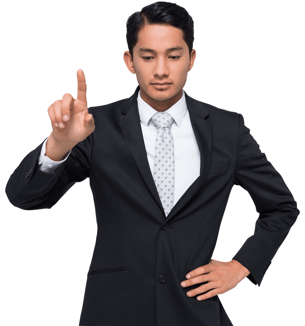 Biracial Businessman Pointing Digitally on Transparent Background