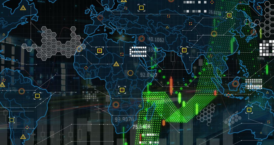 World Map with Digital Financial Analytics Overlay