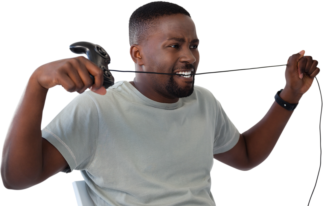 Frustrated Man Biting a Joystick Wire Suffering From Gaming Stress Transparent Background - Download Free Stock Images Pikwizard.com