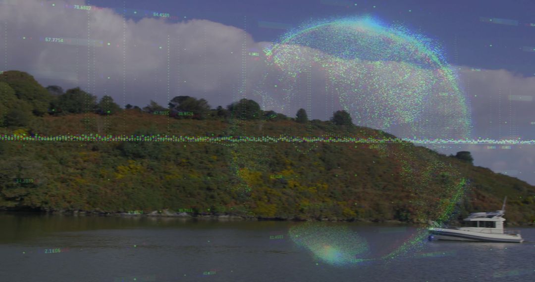 Scenic Boat Ride with Futuristic Digital Display Overlay