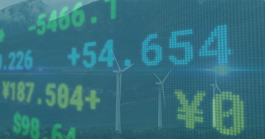 Wind Turbines with Financial Data Overlays Symbolizing Green Investment