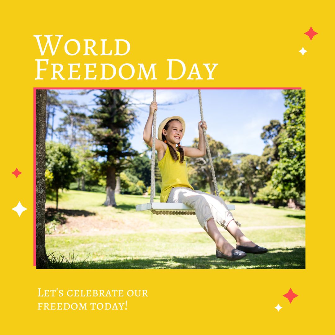Cheerful Girl Swinging in Park Celebrates World Freedom Day
