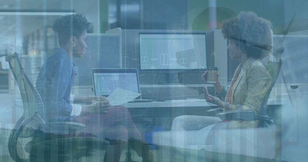 Collaborative Office Planning Meeting with Abstract Finance Overlay