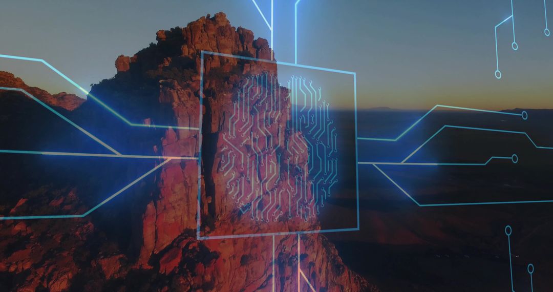 Innovative Holographic Interface Over Desert Mesa at Dusk