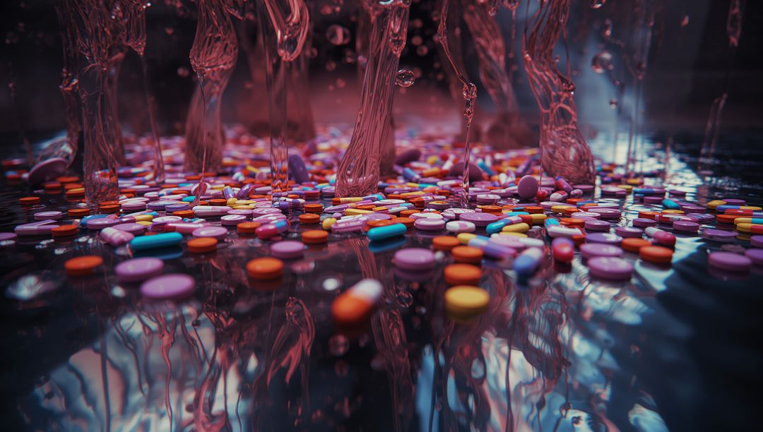 Abstract Surreal Mix of Flowing Pink Tendrils and Colorful Tablets