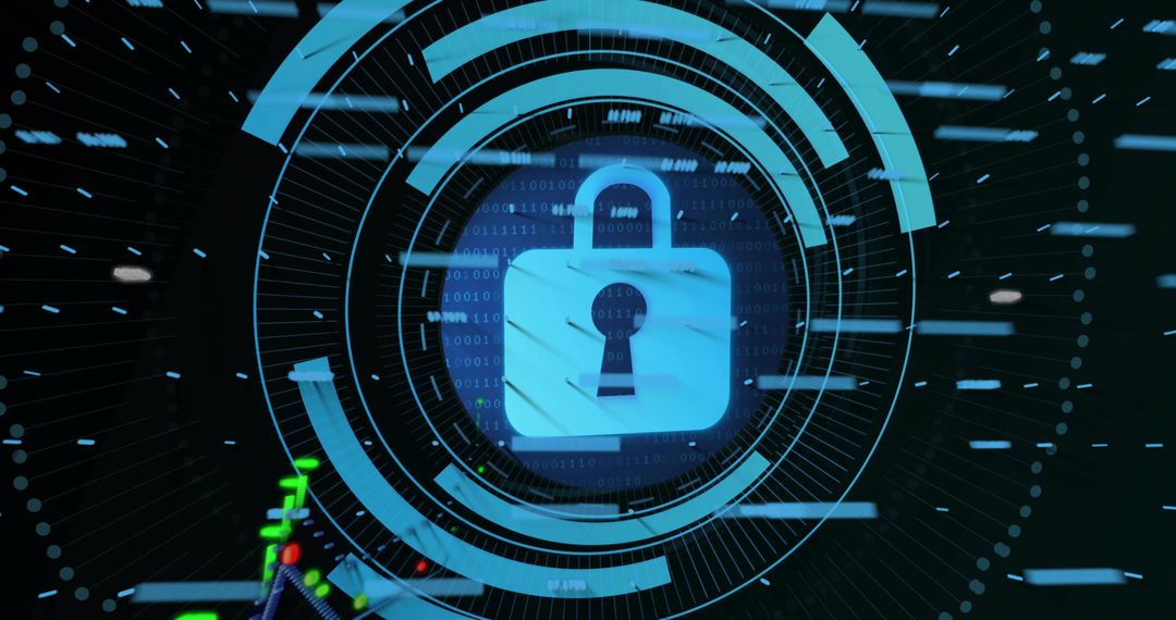 Glowing Digital Lock Securing Network with HUD Rings and Binary Code Visualization