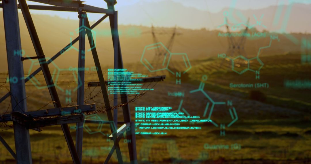 Futuristic Energy Concept: Chemical Structures and Codes with Sunset Landscape