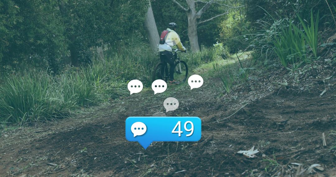 Cyclist with Chat Bubbles Navigating Forest Trail