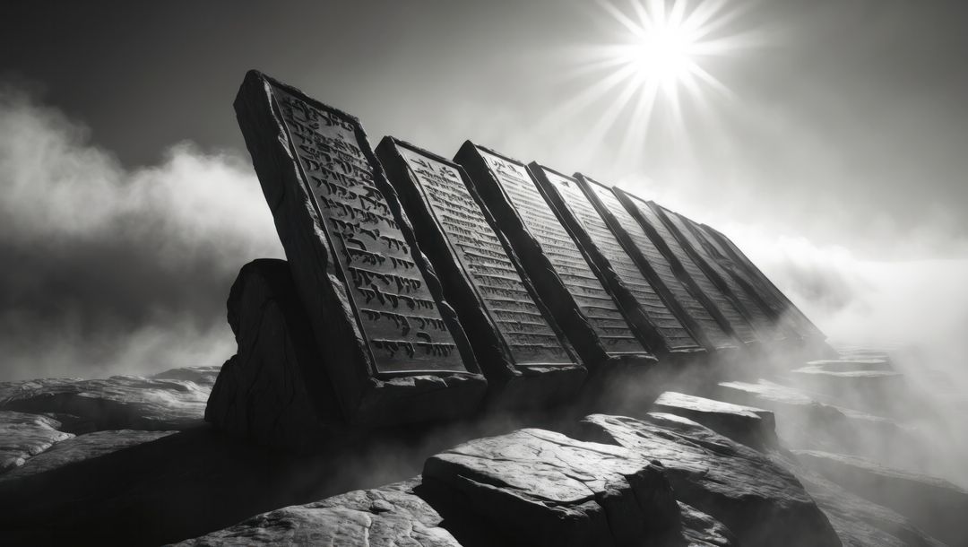 Monochrome stone tablets with ancient script in mystical landscape, ten commandments concept