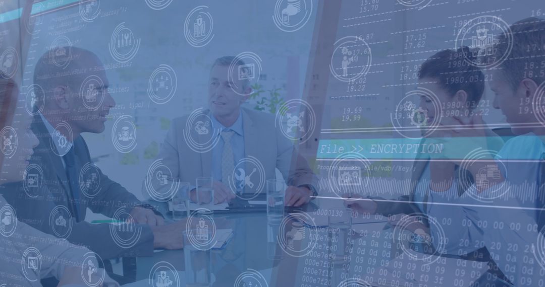 Business Team Meeting with Futuristic Digital Technology Overlay