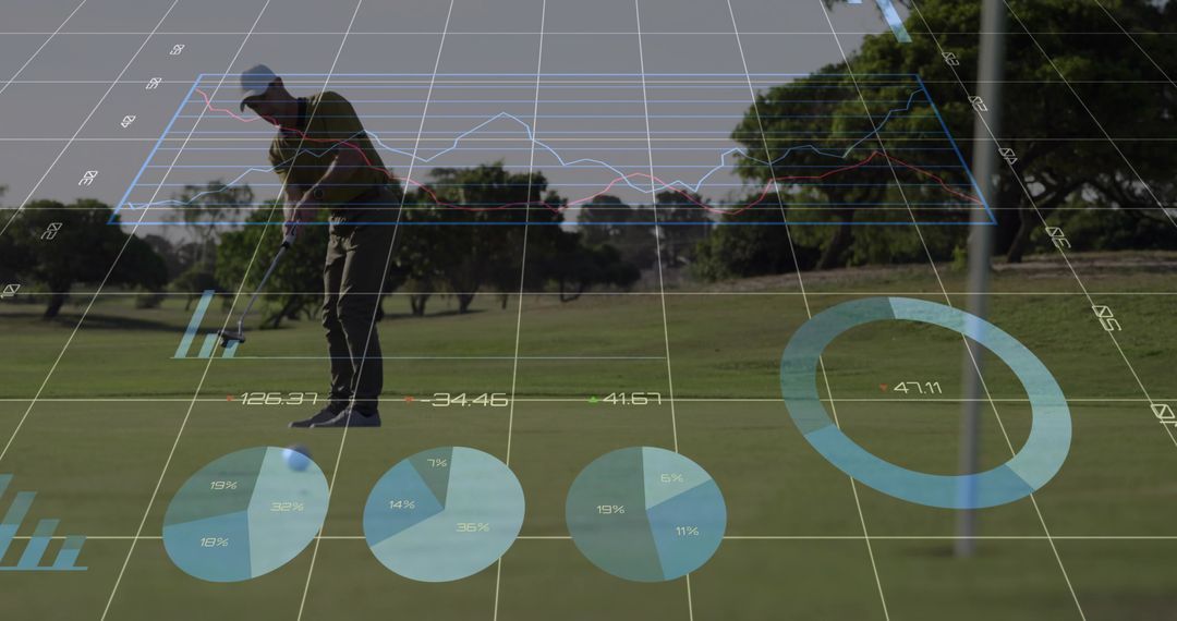 Golfer Analyzing Putt with Data Overlays on Golf Course Green
