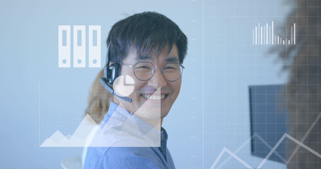 Smiling Customer Support Agent with Financial Data Overlay