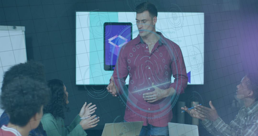 Team Collaborating in Modern Digital Office with Interactive Display