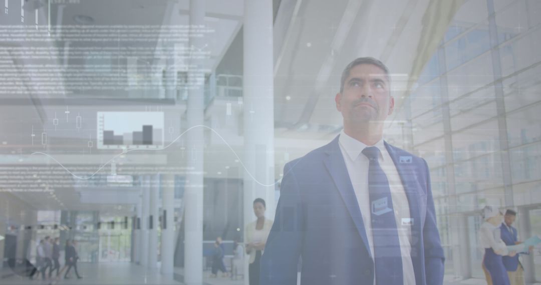 Businessman Analyzing Data with Digital Interface and Statistics