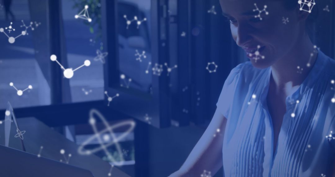 Woman Engaged in Science with Molecular Structures and Digitized Concepts Overlay