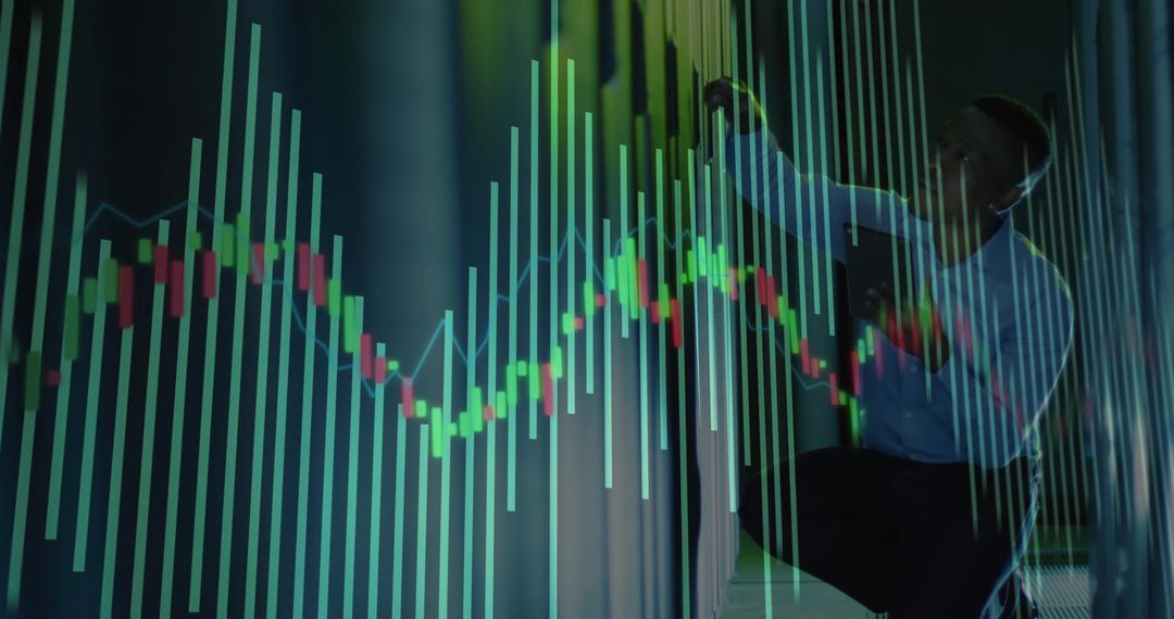 Businessman Analyzing Holographic Data in Server Corridor