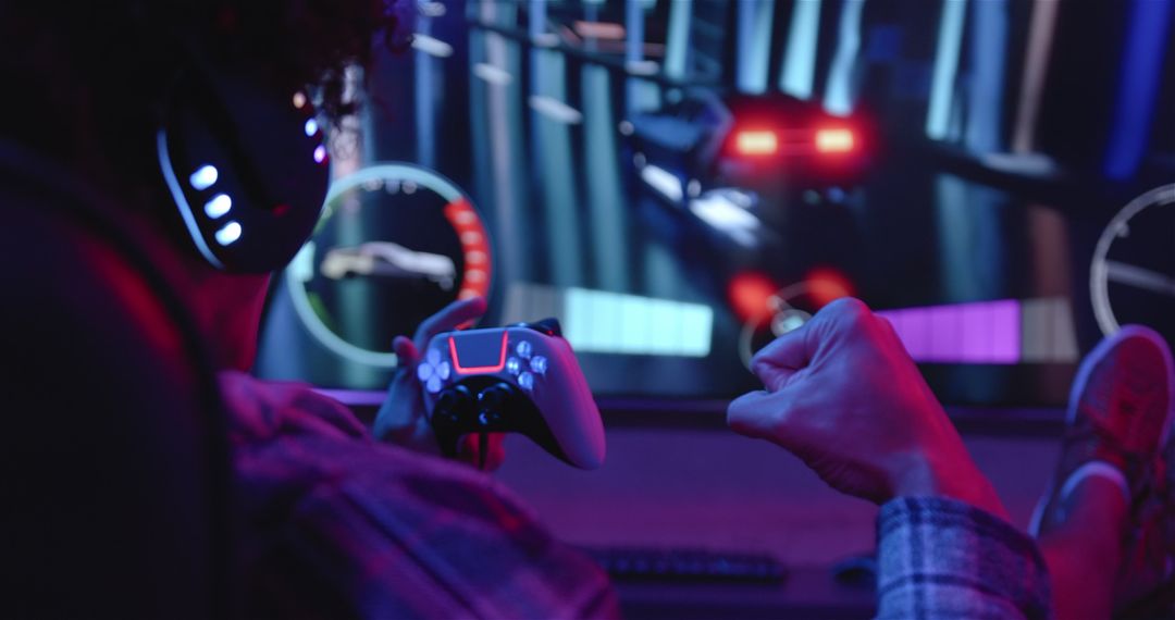 Excited Man Playing Video Game Joyfully with Controller and Headphones