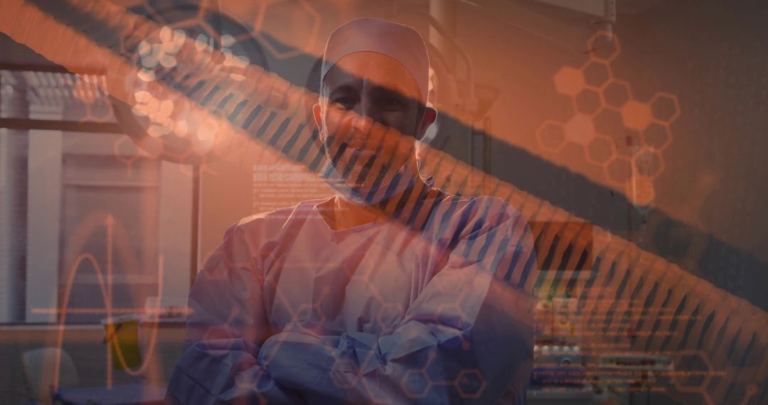 Confident Doctor in Laboratory with DNA Overlay and Healthcare Technology