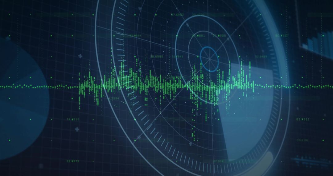 Neon Radar HUD with Pulsing Green Waveform and Data Grid Interface Visualization