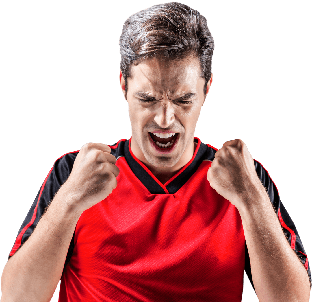 Excited Soccer Player in Bright Red Jersey Expressing Victory Emotion Transparent