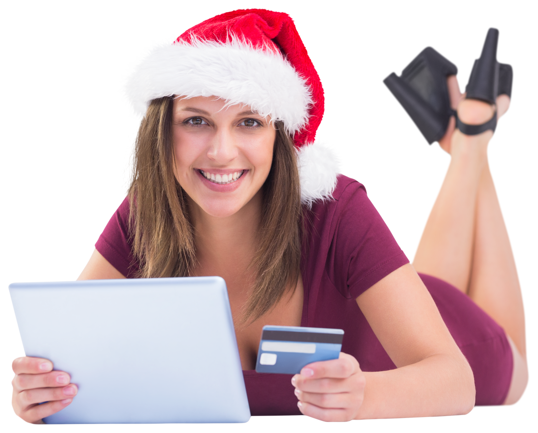 Happy Woman in Santa Hat Shopping Online with Tablet - Download Free Stock Images Pikwizard.com