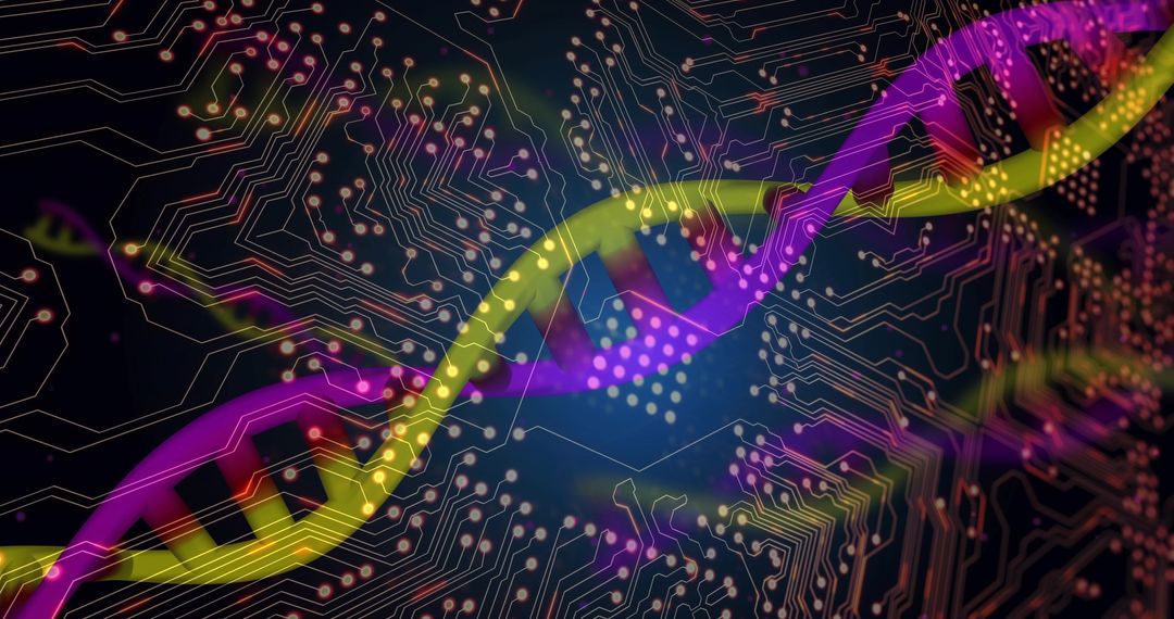 Neon DNA Helix Merging with Electronic Circuitry, Bioelectronics Concept Art Futuristic AI