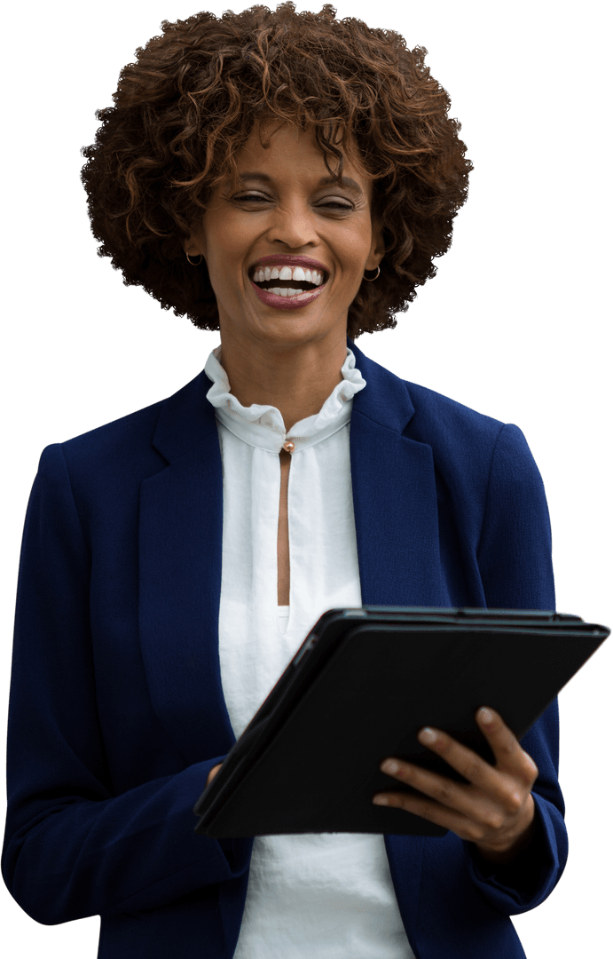 Transparent Portrait of Smiling Businesswoman Holding Tablet in Business Attire