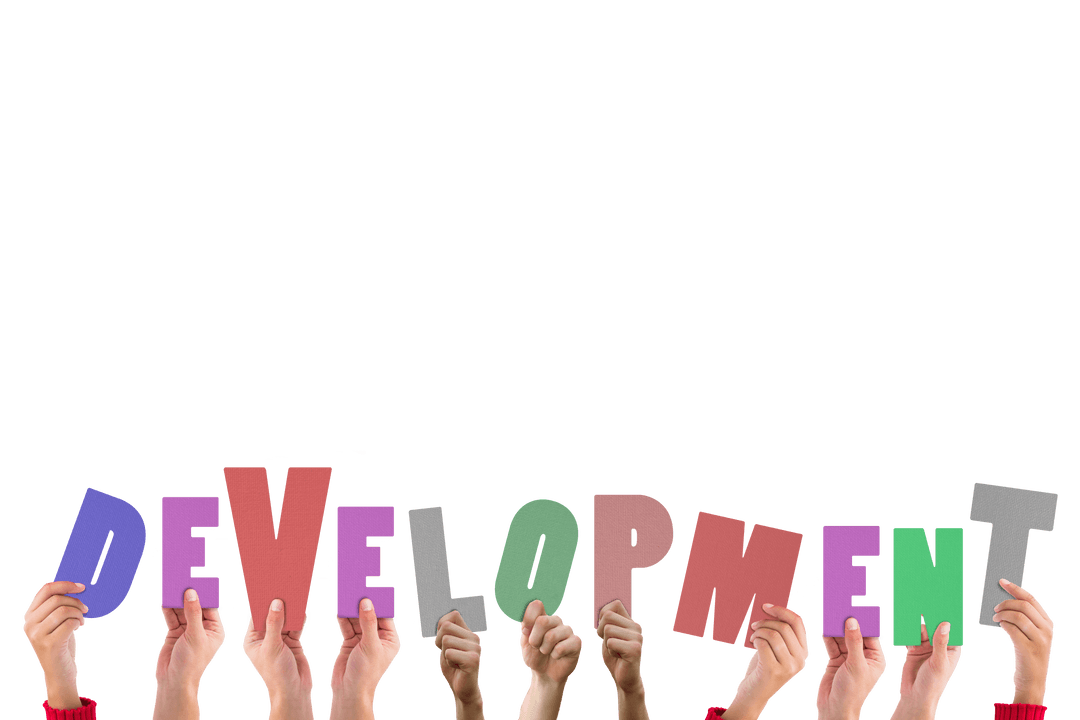 Hands Holding Typography 'Development' on Transparent Background