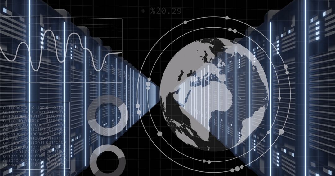 Digital Globe Hologram with Data Servers and Futuristic Graphics
