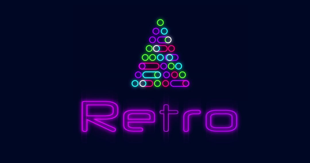 Retro Neon Christmas Tree and Text on Blue Background