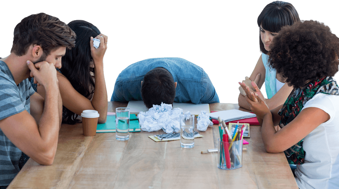 Exhausted Team in Transparent Office Meeting